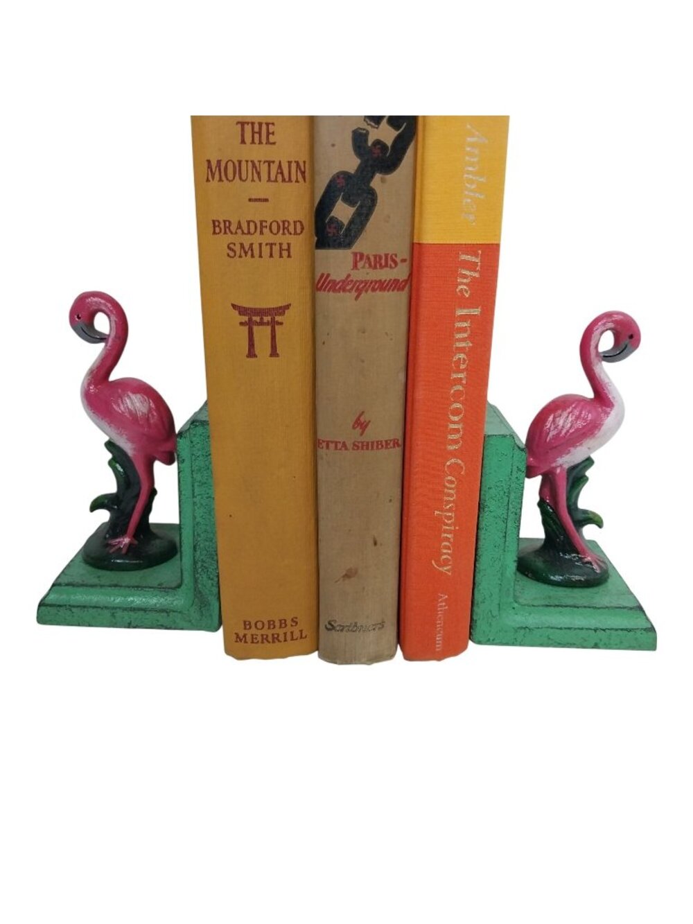Cast Iron Pink Flamingo Bookends Pair Book Ends 5" Tall Tropical Palm Trees
